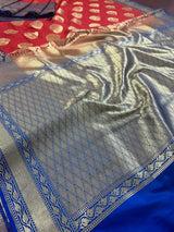 Red with Blue color combination Traditional Satin Border Banarasi Handloom Soft Silk Saree | Silk Sarees - Kaash