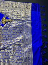 Red with Blue & Purple Banarasi saree in banarasi silk with big buttas with 6.5" satin border — Kaash Collection