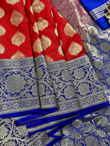 Red with Blue & Purple Banarasi saree in banarasi silk with big buttas with 6.5" satin border — Kaash Collection
