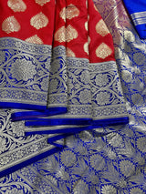 Red with Blue & Purple Banarasi saree in banarasi silk with big buttas with 6.5" satin border — Kaash Collection