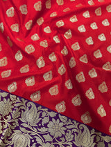 Red with Blue Pallu and Purple Border Traditional Banarasi Handloom Saree | Floral Design | Banarasi Silk Saree | Kaash Collection - Kaash