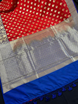 Red with Blue Pallu and Purple Border Traditional Banarasi Handloom Saree | Floral Design | Banarasi Silk Saree | Kaash Collection - Kaash