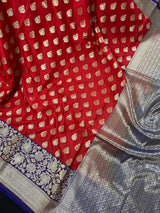 Red with Blue Pallu and Purple Border Traditional Banarasi Handloom Saree | Floral Design | Banarasi Silk Saree | Kaash Collection - Kaash