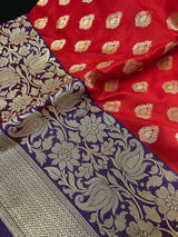 Red with Blue Pallu and Purple Border Traditional Banarasi Handloom Saree | Floral Design | Banarasi Silk Saree | Kaash Collection - Kaash