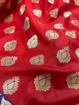 Red with Blue Pallu and Purple Border Traditional Banarasi Handloom Saree | Floral Design | Banarasi Silk Saree | Kaash Collection - Kaash