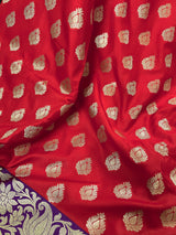 Red with Blue Pallu and Purple Border Traditional Banarasi Handloom Saree | Floral Design | Banarasi Silk Saree | Kaash Collection - Kaash