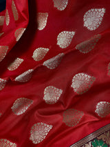 Red with Blue Banarasi saree in banarasi silk with meenakari work with small refined borders — Kaash Collection