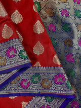 Red with Blue Banarasi saree in banarasi silk with meenakari work with small refined borders — Kaash Collection