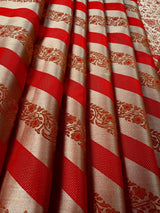 Red with Copper Stripes Banarasi saree in banarasi mashru tanchoi with mashru tanchoi with jamawar border & pallu — Kaash Collection
