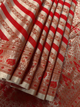 Red with Copper Stripes Banarasi saree in banarasi mashru tanchoi with mashru tanchoi with jamawar border & pallu — Kaash Collection
