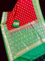 Red with Green Color combination Traditional Banarasi Handloom Saree in Banarasi Silk - Kaash