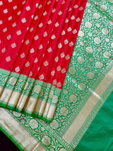 Red with Green Color combination Traditional Banarasi Handloom Saree in Banarasi Silk - Kaash