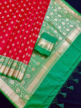 Red with Green Color combination Traditional Banarasi Handloom Saree in Banarasi Silk - Kaash