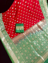 Red with Green Color combination Traditional Banarasi Handloom Saree in Banarasi Silk - Kaash