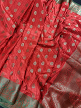 Red Semi-Tussar with Green Borders saree in semi-tussar silk with antique buttis with green borders & grand pallu — Kaash Collection