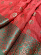 Red Semi-Tussar with Green Borders saree in semi-tussar silk with antique buttis with green borders & grand pallu — Kaash Collection
