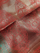 Red Semi-Tussar with Green Borders saree in semi-tussar silk with antique buttis with green borders & grand pallu — Kaash Collection