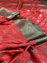 Red with Green Combination Semi-Tussar Silk Saree With Antique Zari Weaving Work | | Kaash Collection - Kaash