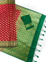 Red with Green combination Traditional Banarasi Handloom Saree in Banarasi Silk - Kaash