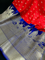 Red with Royal Blue Ganga Ghat Handloom Saree with Birds Motifs in Banarasi Silk with Satin Patta Wide Border - Kaash