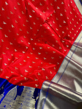 Red with Royal Blue Ganga Ghat Handloom Saree with Birds Motifs in Banarasi Silk with Satin Patta Wide Border - Kaash