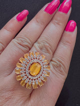 Rose Gold Color Adjustable Ring AD Stone with AD Stone and Yellow Stones | Adjustable Rings for Women | Gift for Her | AD Jewelry - Kaash