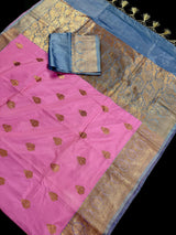 Silk Mark Certified Rose Pink with English Grey Border saree in pure katan silk with contrasting english grey border & pallu — Kaash Collection
