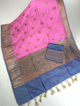 Silk Mark Certified Rose Pink with English Grey Border saree in pure katan silk with contrasting english grey border & pallu — Kaash Collection