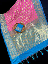 Rose Pink with Sky Blue Traditional Banarasi Handloom Saree - Banarasi Silk Saree - Satin Patta Border - Kaash