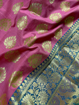 Rose Pink with Sky Blue Traditional Banarasi Handloom Saree - Banarasi Silk Saree - Satin Patta Border - Kaash