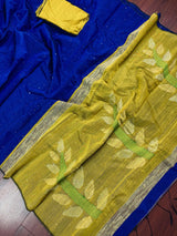 Royal Blue & Mehendi Green Sequin saree in cotton silk with tiny sequin & thread work with gicha panels — Kaash Collection