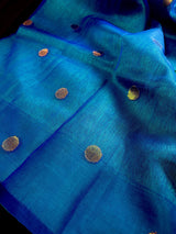 Royal Blue & Turquoise Bengali Matka Muslin saree in bengali matka muslin with half-and-half bengali handweaving — Kaash Collection