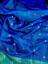 Royal Blue & Turquoise Bengali Matka Muslin saree in bengali matka muslin with half-and-half bengali handweaving — Kaash Collection