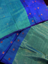 Royal Blue & Turquoise Bengali Matka Muslin saree in bengali matka muslin with half-and-half bengali handweaving — Kaash Collection