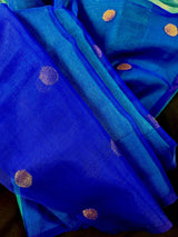 Royal Blue & Turquoise Bengali Matka Muslin saree in bengali matka muslin with half-and-half bengali handweaving — Kaash Collection