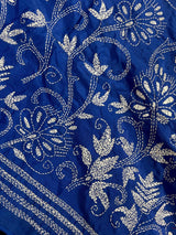 Royal Blue with Dense White Kantha hand Kantha stitch saree on Bangalori silk — Kaash Collection
