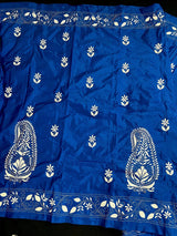 Royal Blue with White Kantha hand Kantha stitch saree on Bangalori silk — Kaash Collection