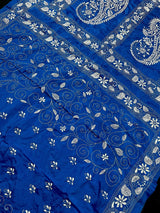 Royal Blue Color Bangalori Silk Saree with Hand Kantha Stitch - Kaash