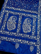 Royal Blue Color Bangalori Silk Saree with Hand Kantha Stitch - Kaash