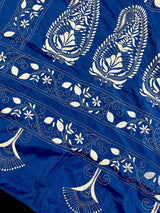 Royal Blue with White Kantha hand Kantha stitch saree on Bangalori silk — Kaash Collection