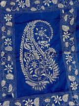 Royal Blue Color Bangalori Silk Saree with Hand Kantha Stitch | Handwoven Kantha Stitch Sarees | Kantha Saress | Silk Sarees | Bengal Sarees - Kaash