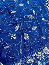 Royal Blue Color Bangalori Silk Saree with Hand Kantha Stitch | Handwoven Kantha Stitch Sarees | Kantha Saress | Silk Sarees | Bengal Sarees - Kaash