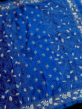 Royal Blue Color Bangalori Silk Saree with Hand Kantha Stitch | Handwoven Kantha Stitch Sarees | Kantha Saress | Silk Sarees | Bengal Sarees - Kaash
