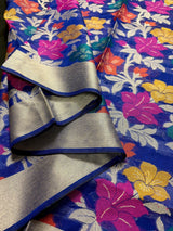 Royal Blue Color Benarasi Handwoven Cotton Silk Dupatta with Meenkari and Resham Weaving - Floral Jaal - Kaash
