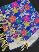 Royal Blue Color Benarasi Handwoven Cotton Silk Dupatta with Meenkari and Resham Weaving - Floral Jaal - Kaash