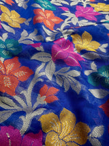 Royal Blue Color Benarasi Handwoven Cotton Silk Dupatta with Meenkari and Resham Weaving - Floral Jaal - Kaash