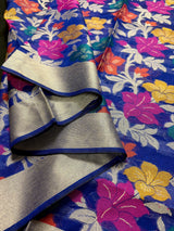 Royal Blue Color Benarasi Handwoven Cotton Silk Dupatta with Meenkari and Resham Weaving - Floral Jaal - Kaash