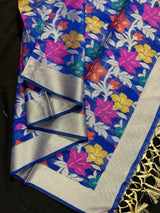 Royal Blue Color Benarasi Handwoven Cotton Silk Dupatta with Meenkari and Resham Weaving - Floral Jaal - Kaash