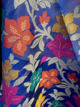 Royal Blue Color Benarasi Handwoven Cotton Silk Dupatta with Meenkari and Resham Weaving - Floral Jaal - Kaash