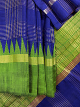 Silk Mark Certified Royal Blue Pure Raw Silk Ganga-Yamuna saree in pure raw silk with ganga-yamuna border with temple detail — Kaash Collection